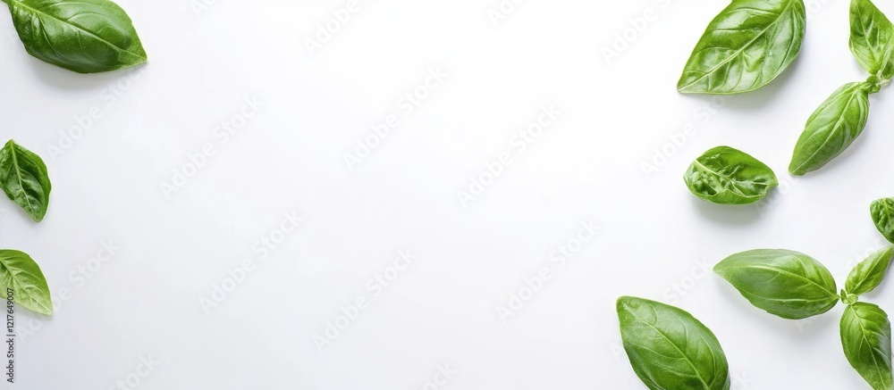 Poster fresh basil leaves arranged on a clean white background with ample empty space for text or culinary 