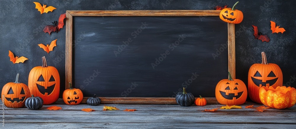 Poster Blackboard with Halloween Decoratively Arranged Pumpkins Bats and Leaves Ready for Custom Text or Messages in an Autumn Setting