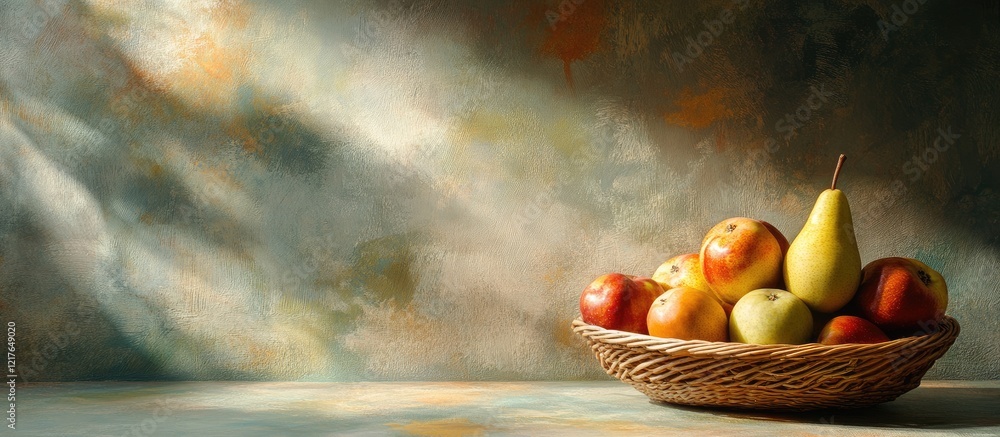 Poster basket of ripe apples and pears elegantly arranged with soft lighting and shadows creating a serene 