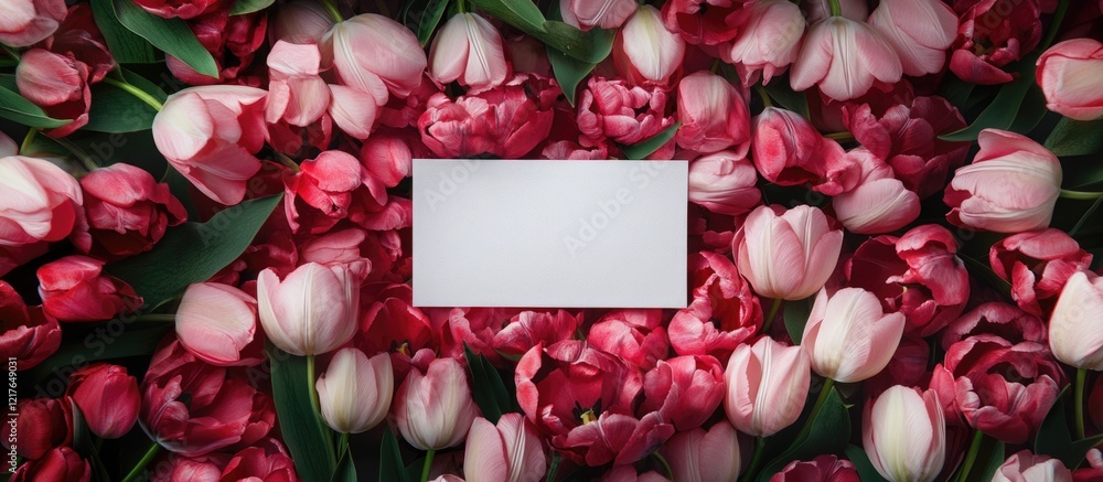 Poster elegant blank card surrounded by vibrant pink tulips ideal for personal messages or greetings with a