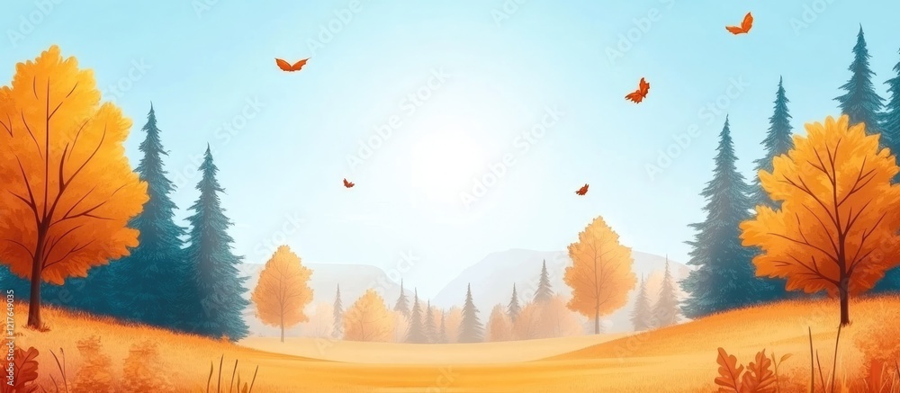 Poster vibrant autumn pine forest landscape under a sunny sky with colorful foliage and empty space for tex