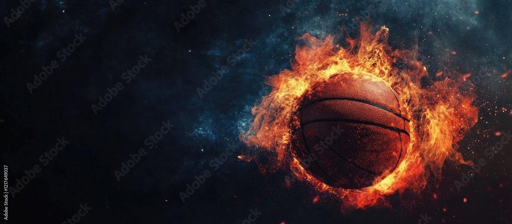 Poster basketball engulfed in flames with a dramatic background and clear space for text insertion on a dar