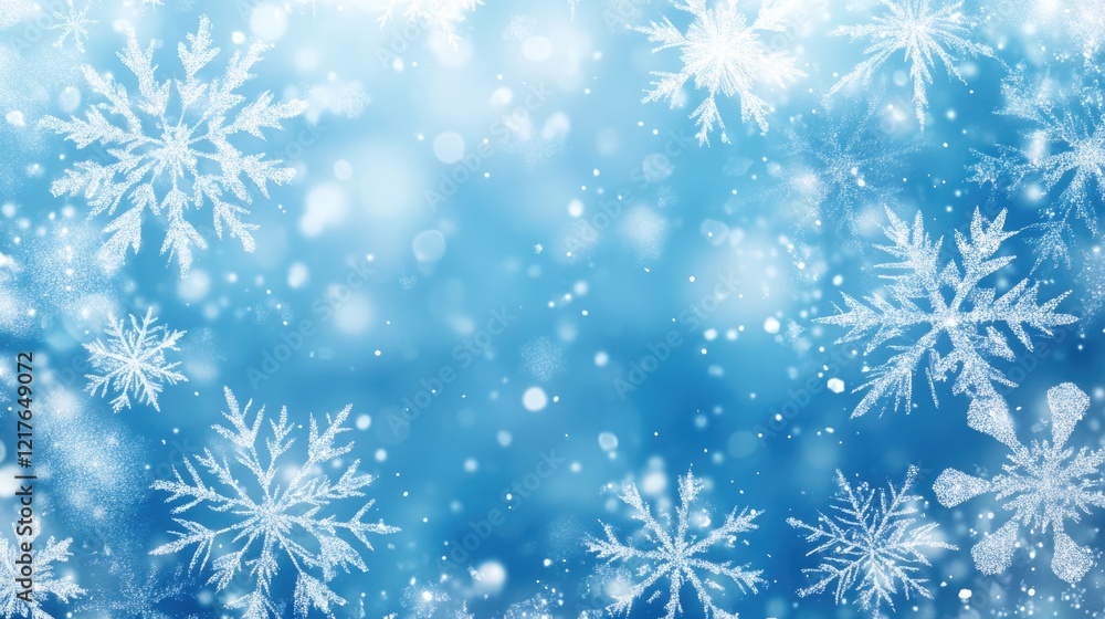 Poster Winter Blue Background with Snowflakes and Bokeh Effect for Holiday Greeting Card and Banner Designs with Space for Custom Text