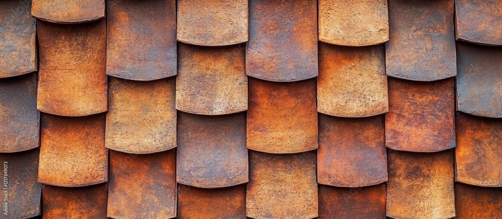 Poster Rustic roof tile texture with an earthy color palette featuring overlapping tiles creating a warm and inviting architectural background