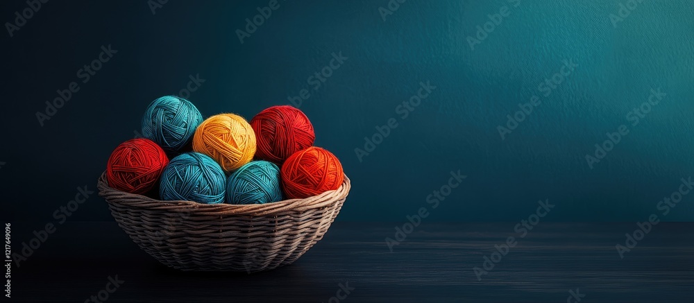 Poster colorful yarn and thread balls in wicker basket on dark background with empty space for creative tex