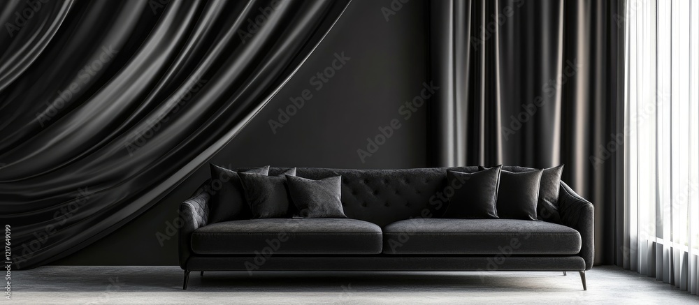 Poster elegant black satin drapery and sofa set with smooth texture and ample copyspace for stylish interio
