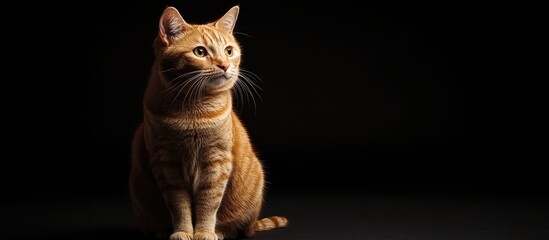 Orange tabby cat sitting calmly against a dark background with soft lighting and copy space for text placement