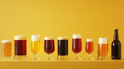 Diverse Selection of Beer Glasses in Front of Vibrant Yellow Background with Beer Bottles Displayed in a Themed Arrangement
