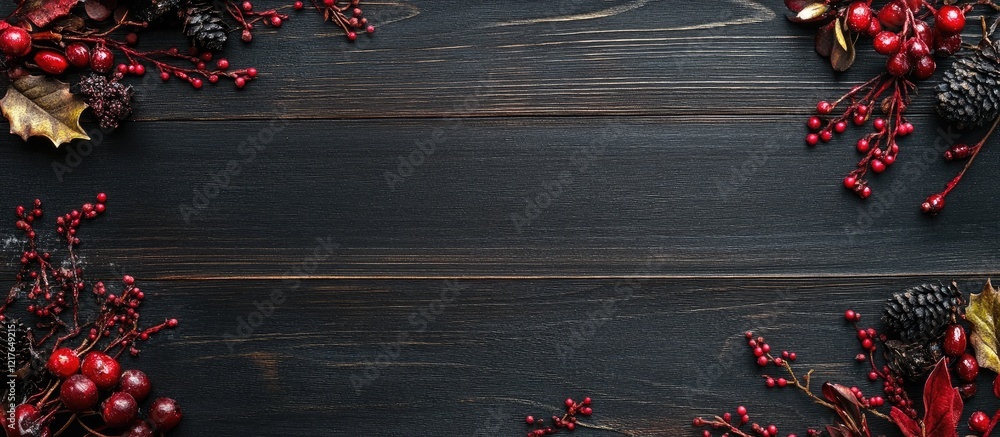 Poster Elegant Black Wooden Background with Dark Table Surface Framed by Red Berries and Foliage Ideal for Text or Product Display