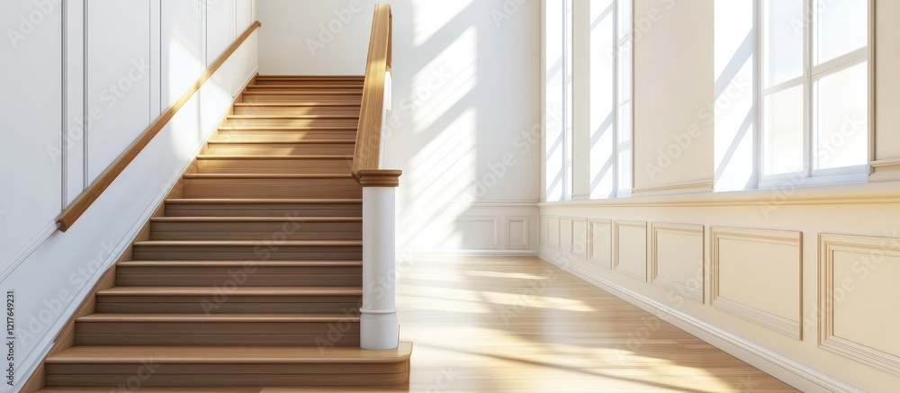 Aufkleber Spacious and well-lit hallway featuring a wooden staircase and ample empty space for text or design elements