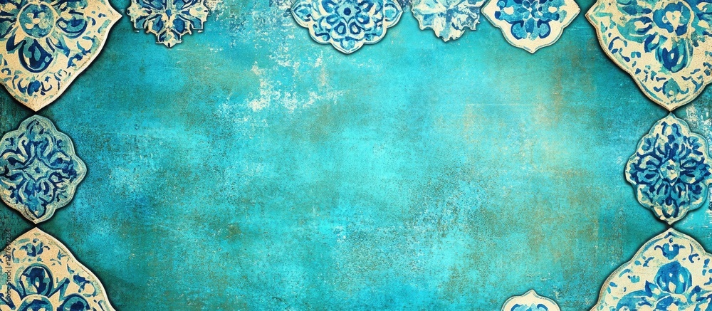 Poster vintage blue tile artwork on aged backdrop with ample space for text or graphic elements in a close-