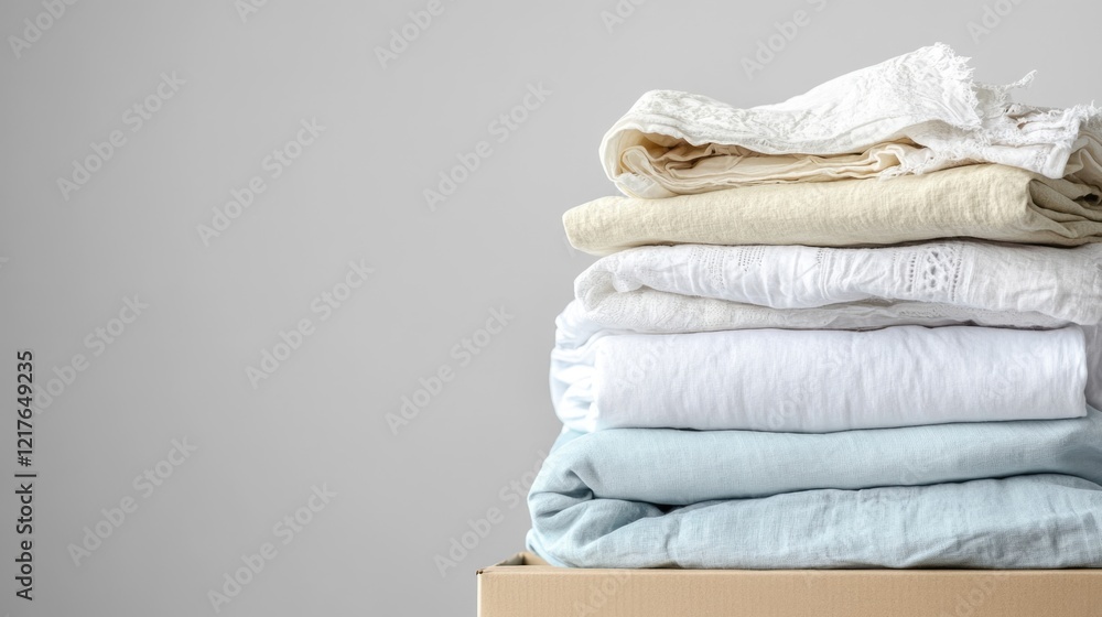 Poster stack of assorted folded linens in neutral colors with soft textures on a cardboard box against a li
