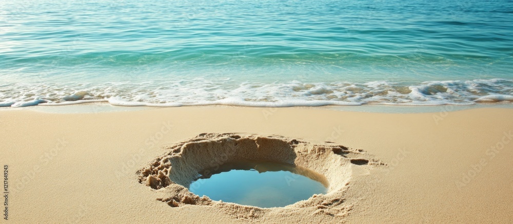 Poster serene beach scene featuring a circular hole in the sand reflecting calm ocean waters with ample spa