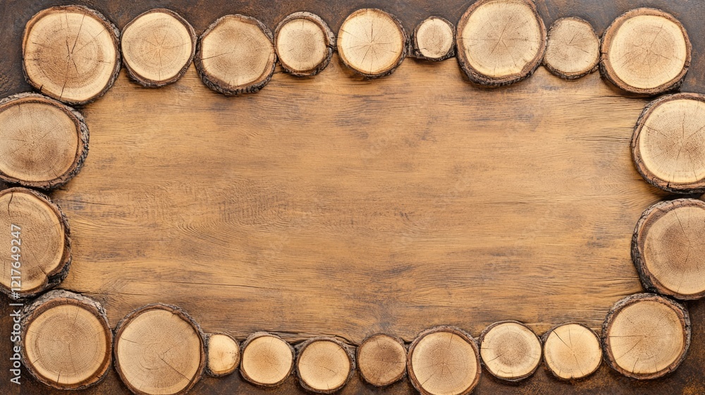 Poster wooden texture background with circular tree stump borders and empty center copy space for text or g