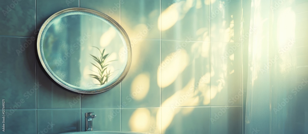 Poster Serene Bathroom with Circular Mirror Reflecting Soft Sunlight and Natural Elements with Copy Space for Text