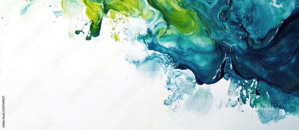 Poster acrylic fluid paint texture in vibrant blue and green tones providing ample copy space for creative 