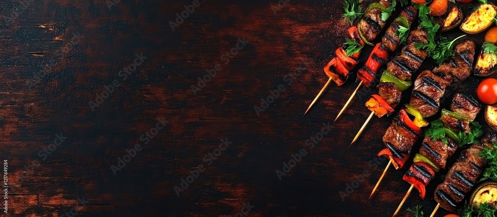 Poster grilled meat skewers and fresh vegetables on bbq platter with rustic wooden background and empty spa