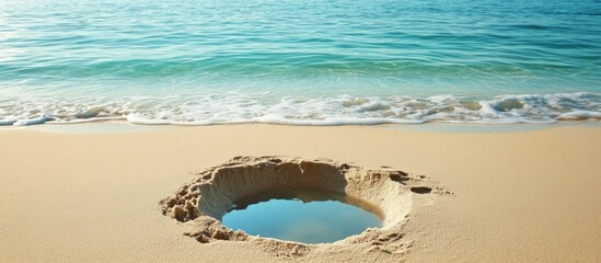 Serene beach scene featuring a circular hole in the sand reflecting calm ocean waters with ample space for text and design elements