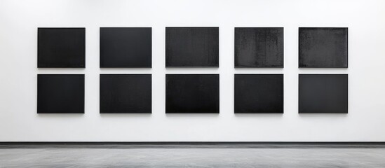 Minimalist black square framed poster collection on white wall with ample copyspace inviting creative text or artwork placement