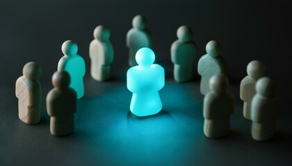 짙은 회색 배경 위에서 흐릿하게 보이는 사람들 사이에 한 인물만 청록색 빛을 받아 독창성과 리더십을 나타낸다