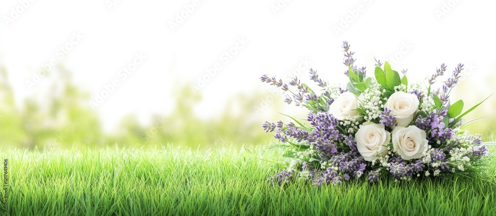 Poster bridal bouquet of lavender and roses on lush green grass with soft blurred background and space for 