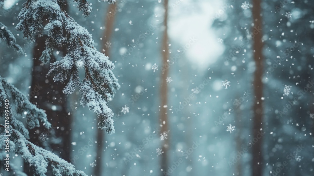 Poster snowfall in a pine forest with blurred trees in the background and snowflakes gently falling, copy s