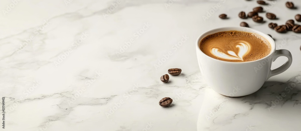 Poster Brewed coffee cup with heart latte art and scattered coffee beans on elegant marble tabletop with ample empty space for text or design