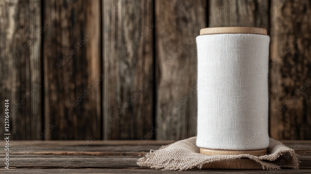 Poster minimalistic white container on burlap cloth against rustic wooden background with copy space for te