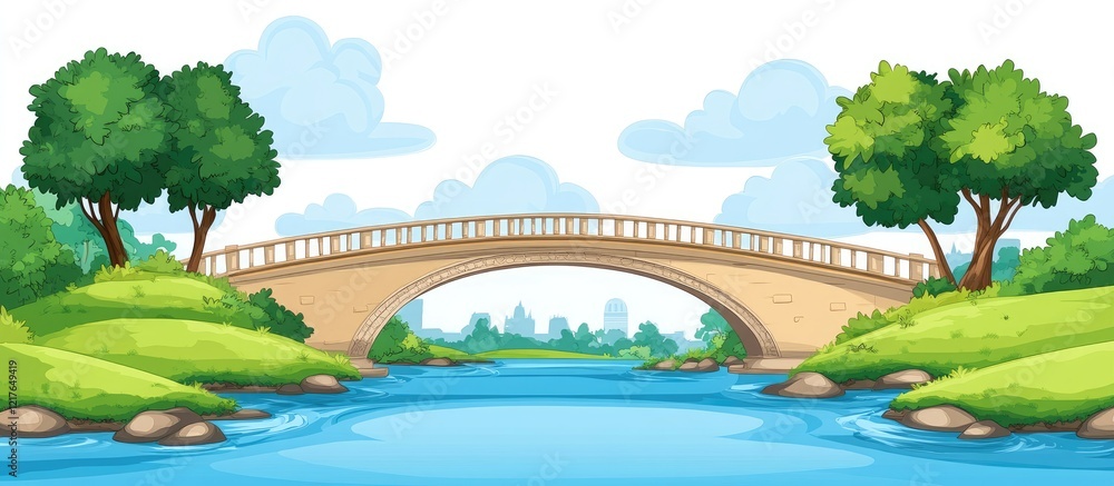 Poster Scenic bridge over a peaceful river surrounded by lush greenery and open space for text placement