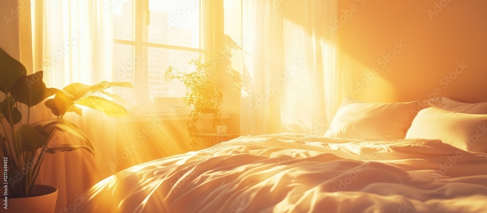 Aufkleber cozy bedroom with warm sunlight streaming through curtains creating inviting ambiance and ample spac