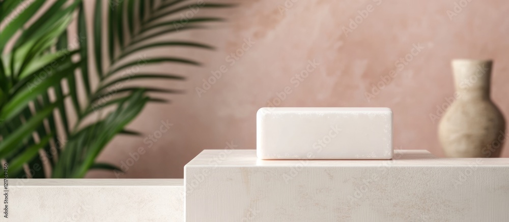 Aufkleber Minimalistic White Soap Packaging on Neutral Background with Empty Space for Branding or Text Placement in Modern Bath Setting