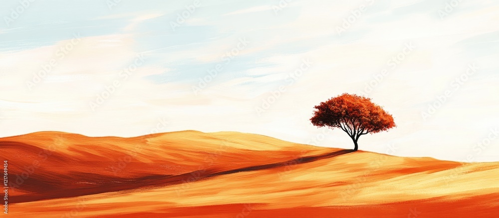 Aufkleber Serene hilly landscape with a solitary tree in warm hues offering ample copyspace for text and creative visuals in a calming setting