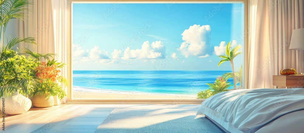 Poster serene bedroom interior featuring expansive ocean view and natural light with ample space for text o