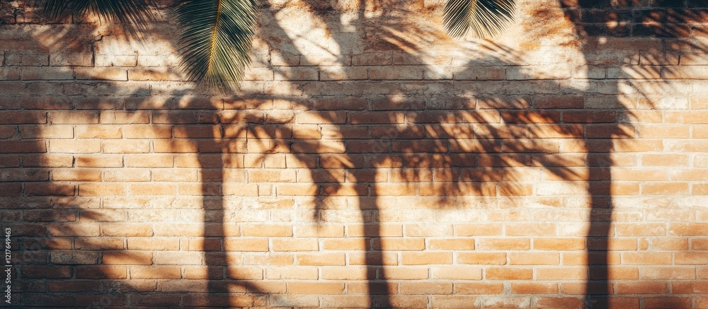 Aufkleber Vintage brick wall with palm tree shadows in diverse shades creating a warm atmosphere and ample empty space for personalized text or messages.
