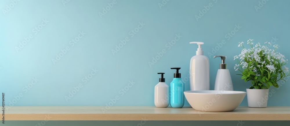 Poster bathroom table displaying cleaning products with fresh flowers and empty space for custom text or br