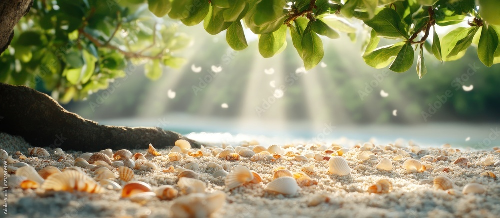Poster tranquil beach scene with seashells and dappled sunlight filtering through lush greenery ideal for s