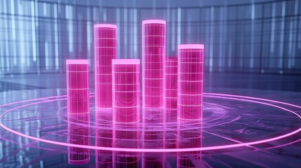 A high-tech bar chart visualized as cylindrical towers glowing with a neon pink aura
