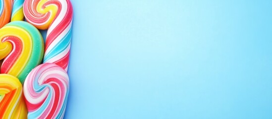 Colorful Candy Swirls on Blue Background with Space for Text Advertising or Marketing Sweet Treats and Desserts