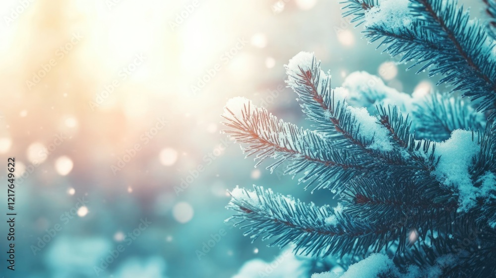 Poster Winter forest landscape with snow-covered fir trees at sunset featuring warm light rays and a serene backdrop for text or design elements.