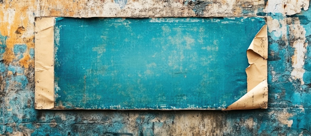 Aufkleber Weathered Blue Signboard with Torn Edges and Blank Space for Text on Rustic Background for Advertisement and Promotional Use