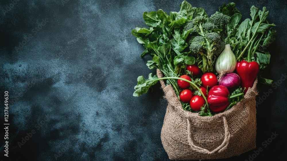 Poster fresh assorted vegetables in a burlap bag on a dark textured background with copy space for text.