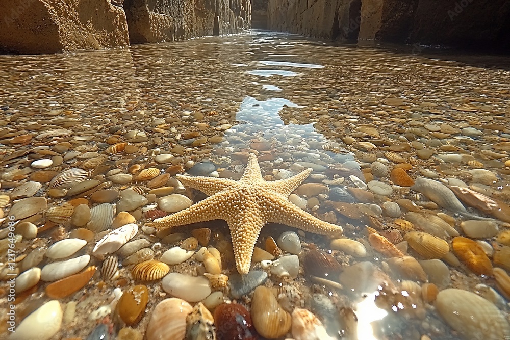Poster starfish resting on colorful pebbles in a shallow tide pool during low tide on a sunny day by the co