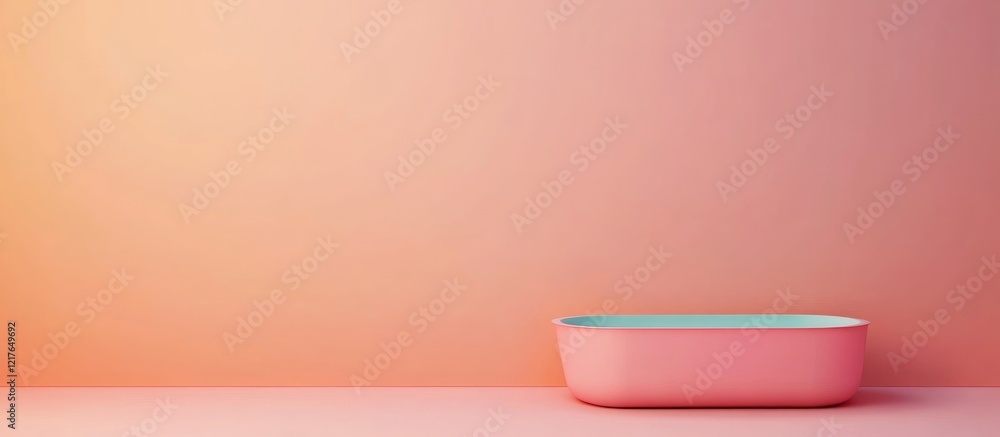 Poster pink ceramic bowl on a shelf with a gradient peach background and ample copy space for text placemen
