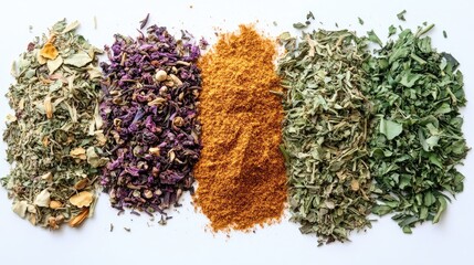 Assorted dried culinary herbs and spices arranged in a line on a white background showcasing vibrant colors and textures of each blend