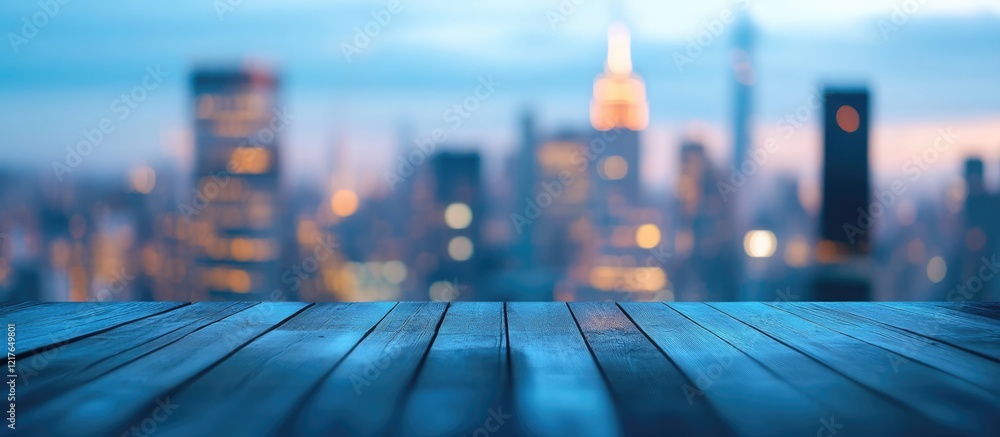 Poster rooftop view with blurred skyline and blue hues offering ample copyspace for text in an urban night 