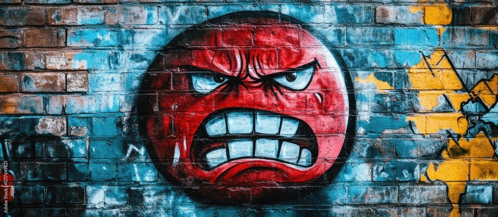 Aufkleber vibrant graffiti mural depicting an expressive angry face on a brick wall with space for text or mes