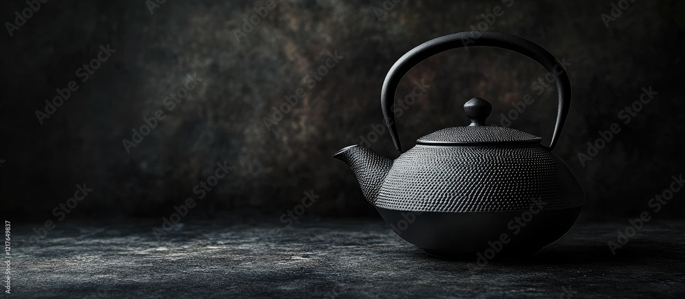 Poster Black Teapot on Dark Background with Copyspace for Branding and Text Presenting a Minimalist Aesthetic Ideal for Culinary or Home Decor Themes