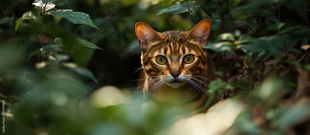 Poster bengal cat blending into lush forest environment with ample space for text or overlay showcasing nat