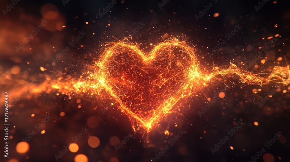 Poster bright orange particles flowing and forming a burning heart shape with bokeh effect on a dark backgr