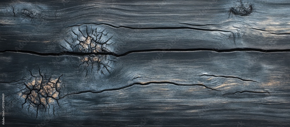 Poster Black wood texture featuring cracks and a pale blue sheen with ample empty space for text or design elements.
